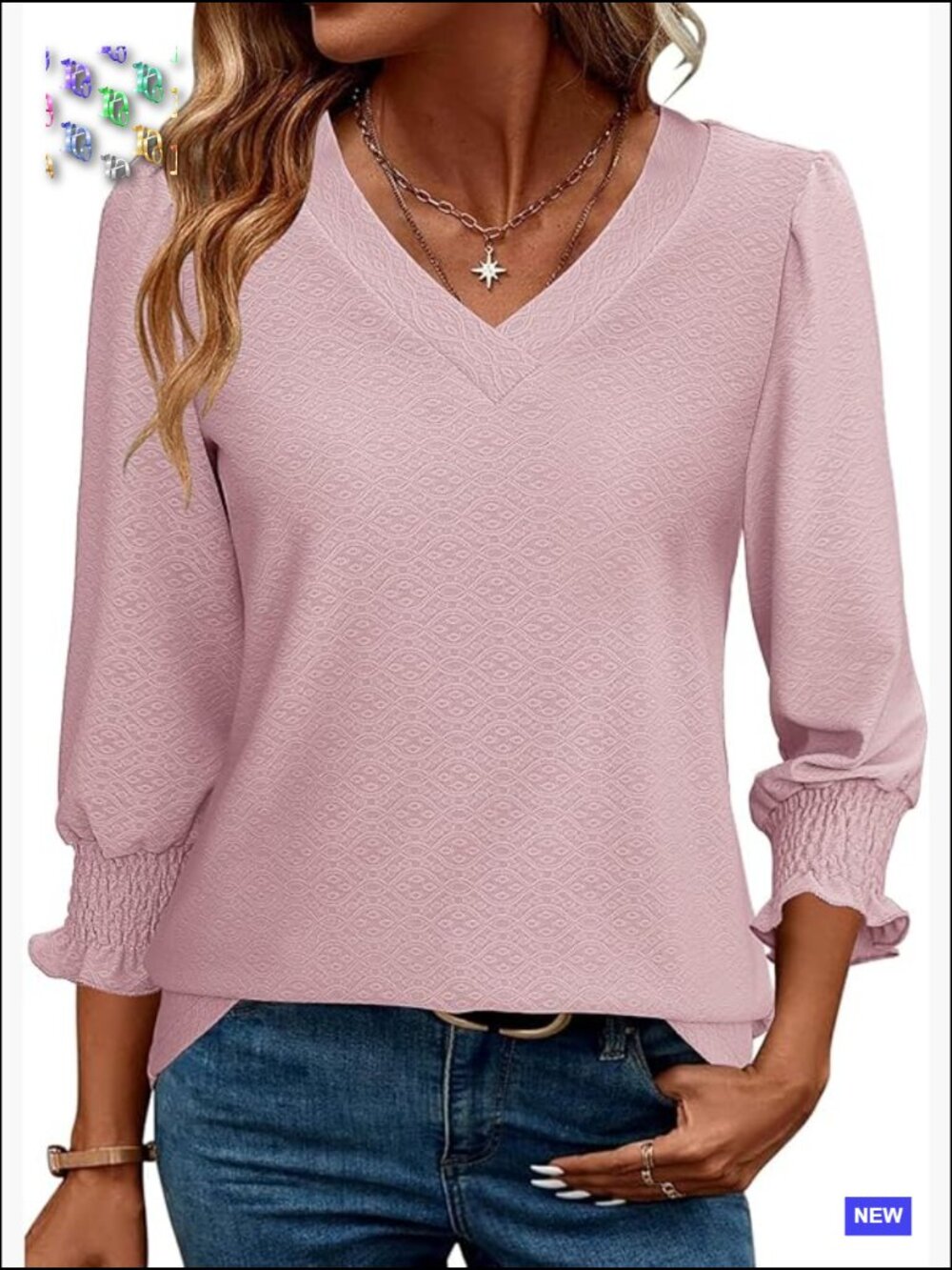 3/4 Length Sleeve Puff-Sleeve V-Neck Blouse Dressy Casual Textured Smocked Top